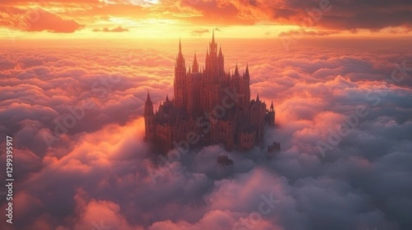 Fototapeta Majestic castle floating in vibrant sunset clouds above a dreamlike landscape
