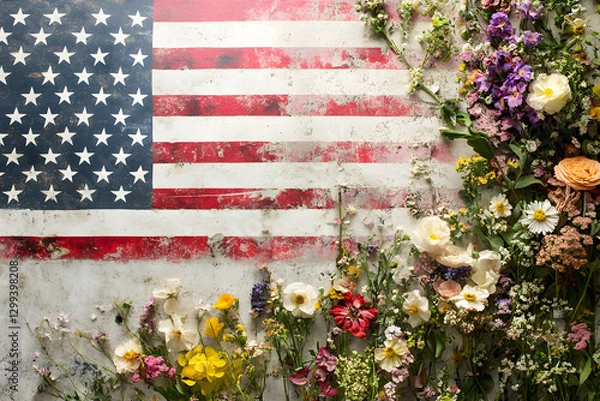 Fototapeta Rustic American Flag with Colorful Wildflowers