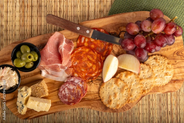 Fototapeta A wooden board top down zoomed in with a variety of food items including cheese, crackers, grapes, and meat