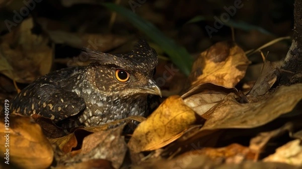Obraz Owl camouflaged in autumn leaves, forest floor