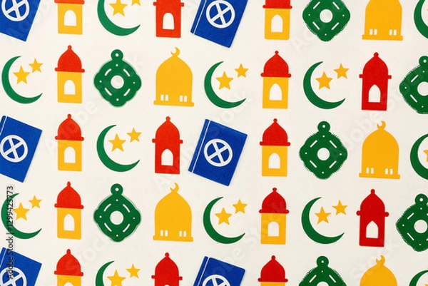 Fototapeta Colorful Ramadan pattern with lanterns, crescent moons, stars, and mosque icons on white background.