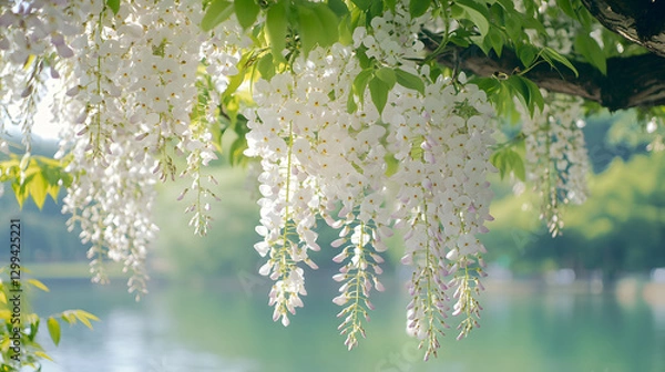 Fototapeta Soft sunlight illuminates cascading white flowers near tranquil waters.