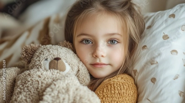 Obraz Little girl cuddles teddy bear while relaxing on cozy bed in a warmly decorated bedroom