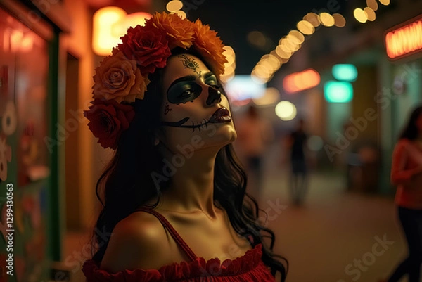 Obraz Enchanting Dia de Muertos Celebration Portrait with Vibrant Calavera Makeup and Flowers