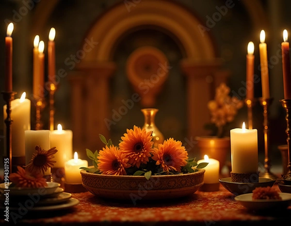 Obraz Vibrant Dia de Muertos Altar Featuring Candles and Marigolds in Soft Lighting