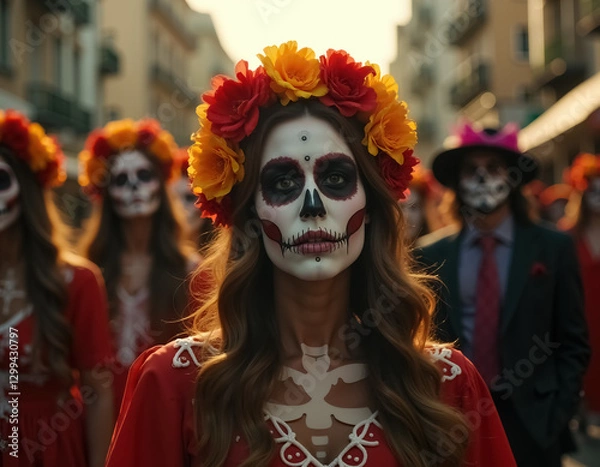Obraz Vibrant Dia de Muertos Celebration Featuring Colorful Calavera Makeup and Attire