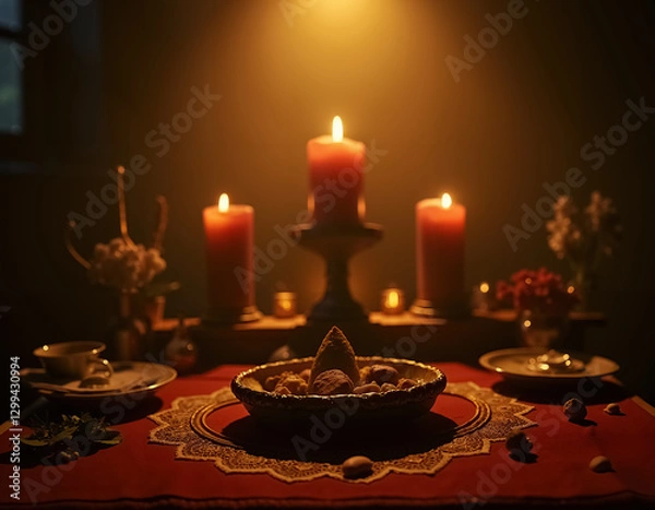 Obraz Traditionally Decorated Altar for Dia de Muertos with Candles and Sweet Offerings
