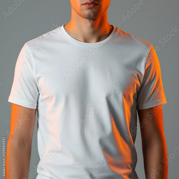 Obraz Man Wearing Simple White T-Shirt with Neutral Gray Background Showing Fit