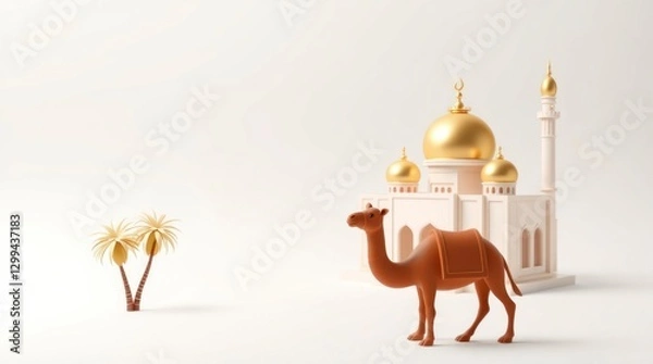 Fototapeta Camel and Mosque 3d Render Peaceful Islamic Scene