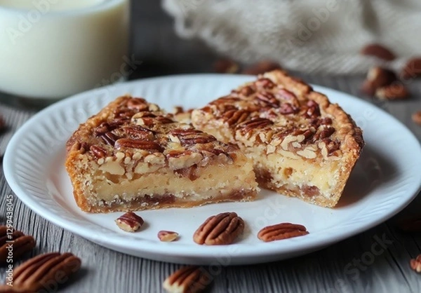 Fototapeta Pecan Pie Slices On White Plate With Pecan Halves