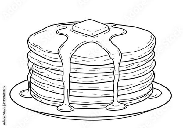 Fototapeta Black and white fluffy pancake stack with butter and dripping syrup