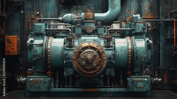 Fototapeta Rustic industrial machine with turquoise and orange details in factory setting