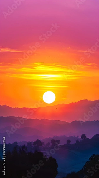 Obraz Golden Sunset Horizon with Silhouetted Trees and Mountains: Nature's Tranquil Farewell
