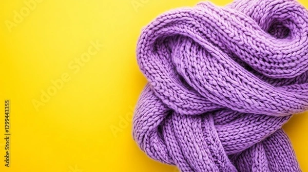 Obraz Soft Purple Knitted Wool Scarf Texture Yellow Background Cozy Winter Fashion Accessory Warm Comfortable Handmade Textured Stylish Elegant Purple Yarn 
