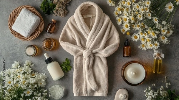 Fototapeta A complete spa experience flat lay with luxurious bath robes, slippers, and relaxation oils.