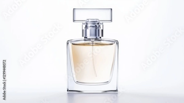 Fototapeta Crystal-clear perfume bottle with minimalistic features, shimmering reflections on the liquid, soft shadows, and clean white background evoke purity and understated luxury.