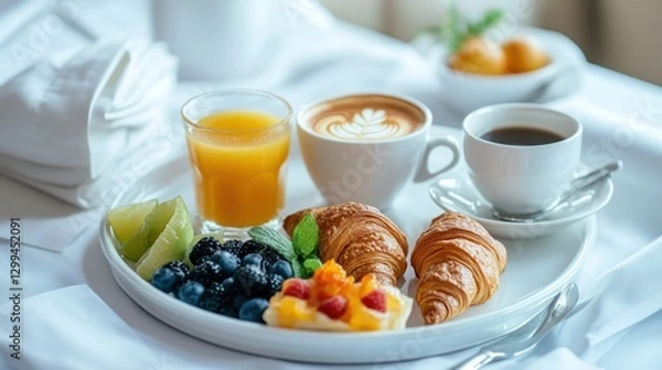 Obraz A room service tray with coffee, croissants, and fresh juice on a white tablecloth.