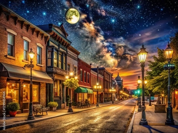 Obraz Charming Small Town Main Street at Night, Illuminated Storefronts, Cozy Atmosphere