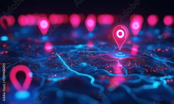 Obraz Artistic digital map with glowing pink and blue location markers, symbolizing navigation and global reach