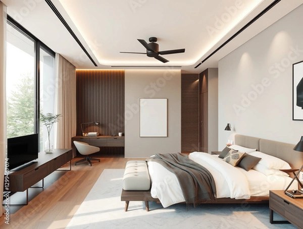 Fototapeta Modern luxury bedroom interior in minimal scandinavian style