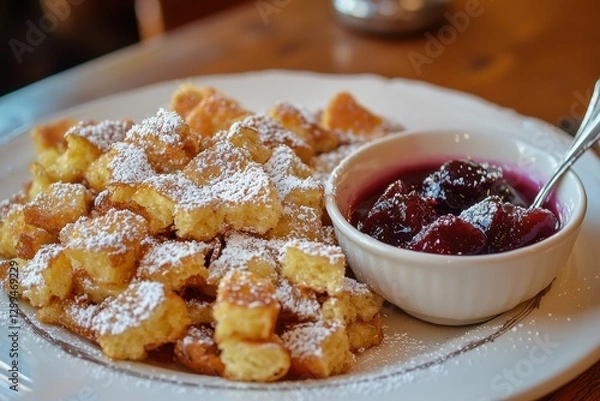 Fototapeta Kaiserschmarrn (Austria) A plate of Kaiserschmarrn with golden, fluffy shredded pancake pieces dusted with powdered sugar