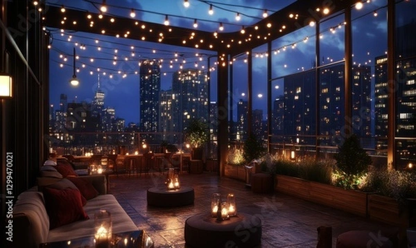 Fototapeta Luxurious rooftop bar with plush seating, warm string lights, and panoramic views of the city skyline at nigh