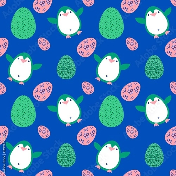 Fototapeta Easter animals seamless penguin and eggs pattern for wrapping paper and fabrics and linens and spring kitchen textiles