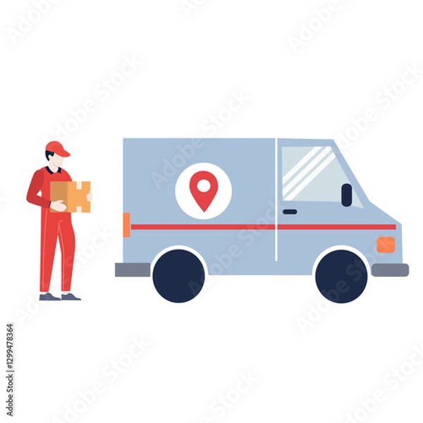 Fototapeta Delivery Person with Package and Delivery Van