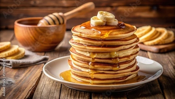 Fototapeta Fluffy pancakes stacked on a plate with sliced banana and a drizzle of honey, sitting on a wooden table with a warm kitchen background, breakfast, bananas