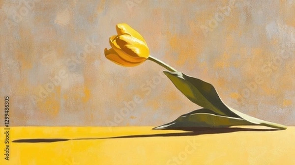 Fototapeta A yellow tulip flower placed on a smooth yellow table surface.