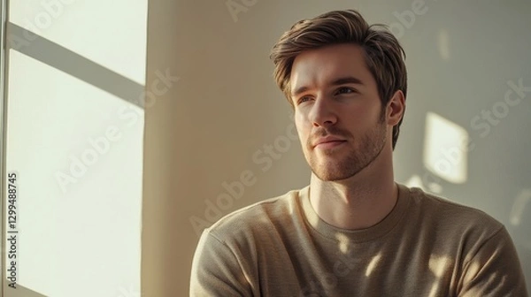 Fototapeta Thoughtful Young Man in Natural Light by the Window