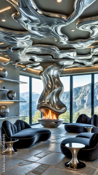 Fototapeta a luxurious sitting room with fluid, metallic silver panels flowing across the ceiling in a continuous wave pattern. Organic-shaped sofas in dark charcoal velvet appear to emerge from the floor