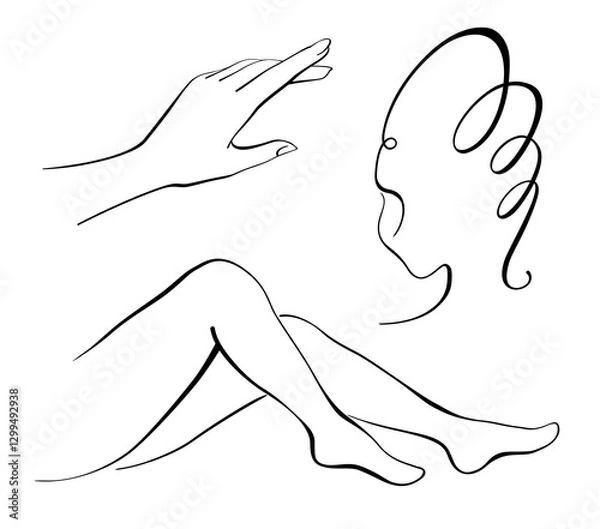Fototapeta Small set of Silhouettes - Hand, Legs, Woman's Face. Vector, black line - monochrome