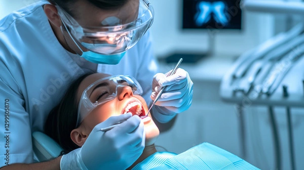 Fototapeta Dentist performing a dental examination on a female patient, using protective gear and tools in a clinical setting. Highlighting professional oral healthcare. Image made using Generative AI.