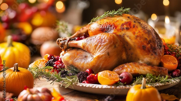 Obraz Roasted turkey centerpiece on Thanksgiving table.