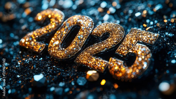 Obraz Glittering golden 2025 numbers with sparkling reflections on a dark background