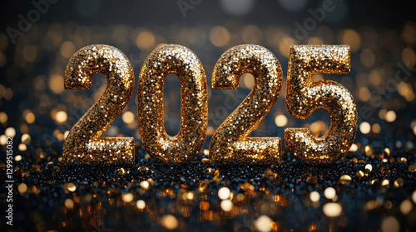 Obraz Golden glitter 2025 numbers with sparkling bokeh lights on a dark background
