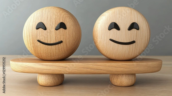 Obraz Wooden smiley face balancing on a wooden seesaw