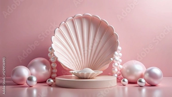 Obraz Elegant Pink Minimalist Product Stage with Shell & Pearls - Vintage Style Photography