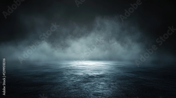 Fototapeta Dark desolate landscape covered in mist with reflective ground