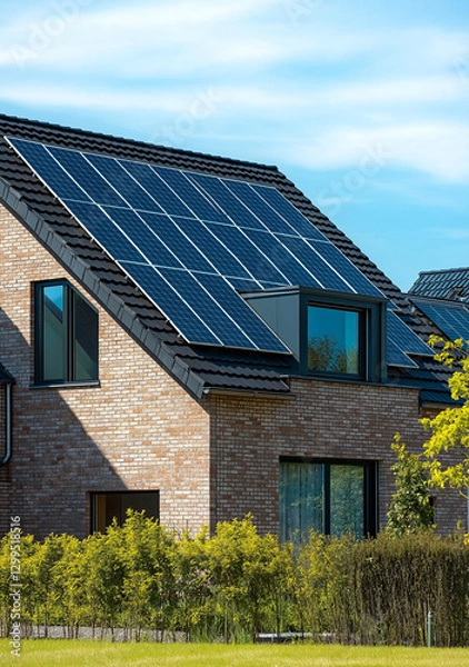 Obraz Sustainable home with solar panels on a sunny day.