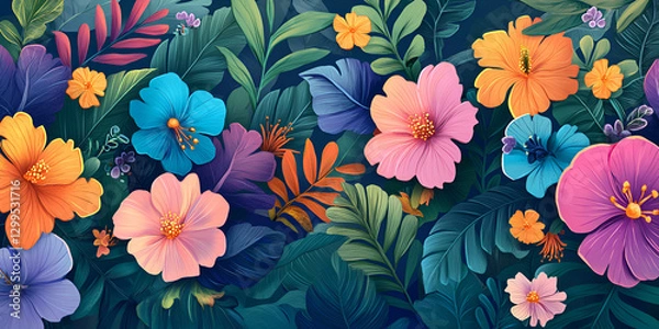 Fototapeta Floral Wall Mural with Colorful Blooms and Lush Foliage