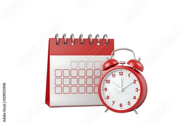 Fototapeta 3d Red Calendar with clock icon on isolated purple background. Reminder notification or Time management concept. Website Ui design icon. Minimal 3d cartoon red calendar time zone icon. 3d render. 