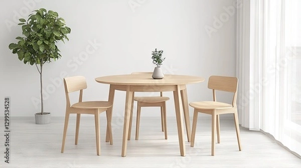 Fototapeta A round dining table with four chairs, placed comfortably in a small room.