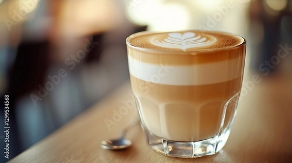 Fototapeta Photograph of a creamy latte served in a clear glass cup, showcasing the layers of espresso and steamed milk. The top is decorated with delicate latte art in the shape of a heart.