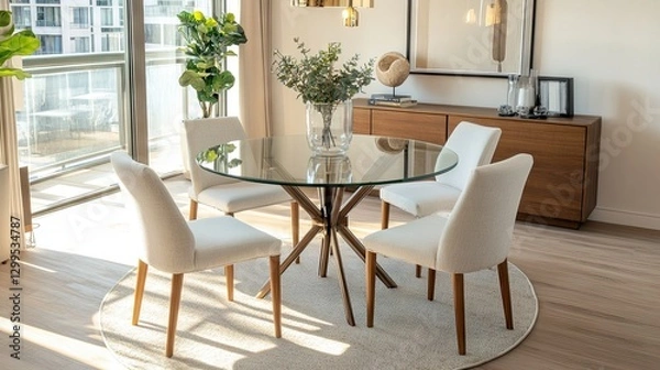 Fototapeta A round glass dining table placed in a small but well-lit urban apartment.