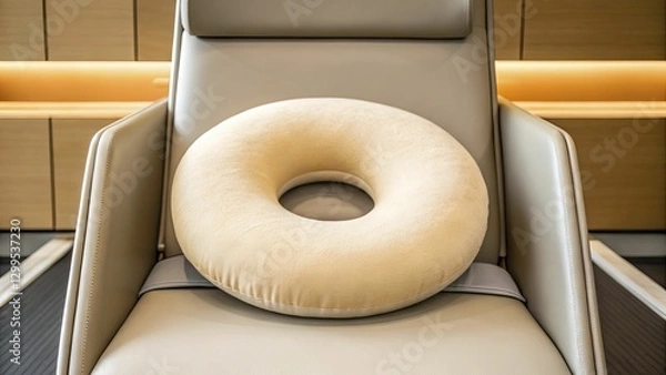 Fototapeta Plush donut cushion rests on sleek modern chair.