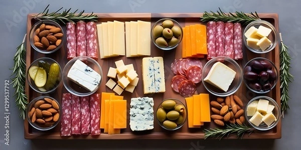 Fototapeta Gourmet charcuterie board with an assortment of cheeses, cured meats, olives, almonds, and fresh herbs, arranged beautifully on a wooden tray for an elegant appetizer presentation

