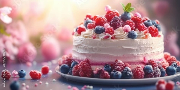 Fototapeta Delightful berry cake adorned with fresh raspberries and blueberries in a vibrant setting