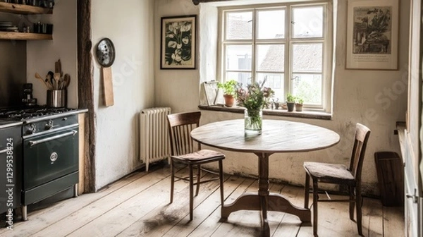 Fototapeta A small, rustic-style round dining table in a compact open-plan kitchen.